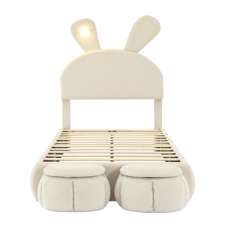 Twin Size Upholstered Platform Bed With Cartoon Ears Shaped Headboard And LED Light – Beige