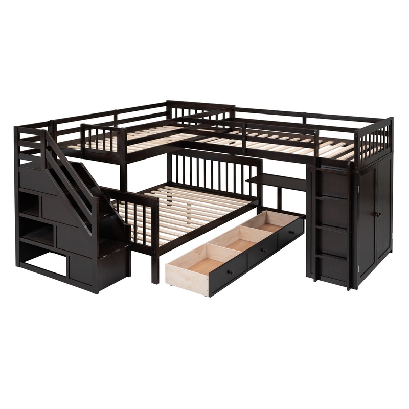 Twin Twin Over Full L Shaped Bunk Bed With 3 Drawers, Portable Desk And Wardrobe – Espresso
