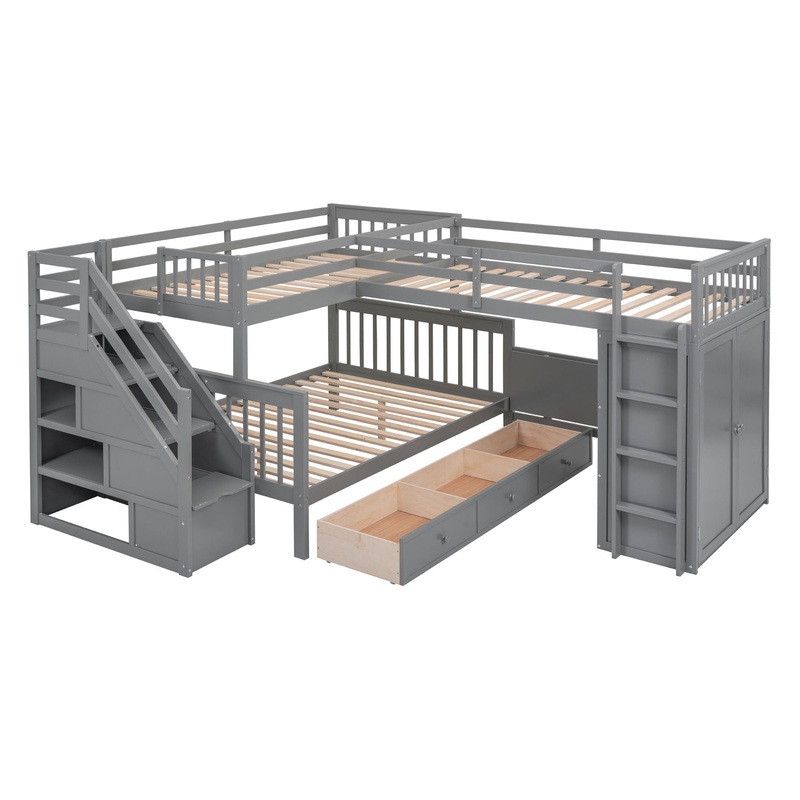 Twin Twin Over Full L Shaped Bunk Bed With 3 Drawers, Portable Desk And Wardrobe – Gray