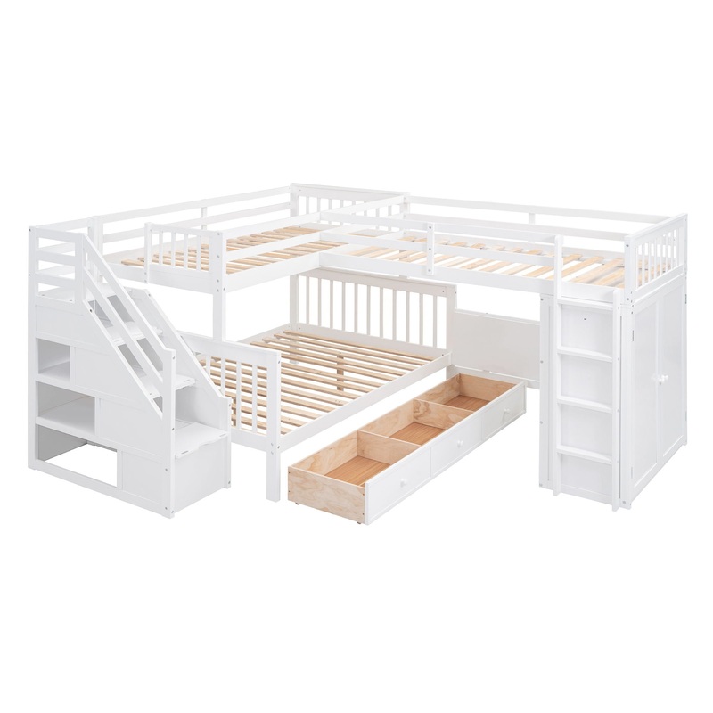 Twin Twin Over Full L Shaped Bunk Bed With 3 Drawers, Portable Desk And Wardrobe – White