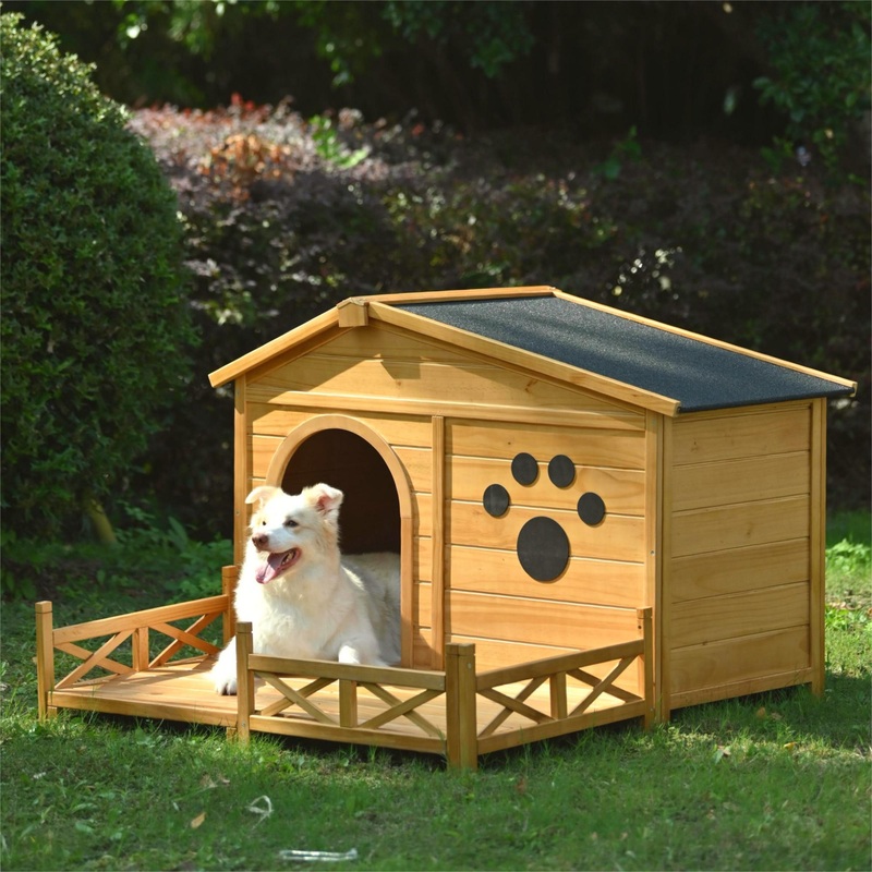 Wooden Dog House Outdoor With Porch, Dog Kennel With Water Resistant Asphalt Roof And Fencing, Indoor & Outdoor Dog Crate With Paw Print, Medium – Nature