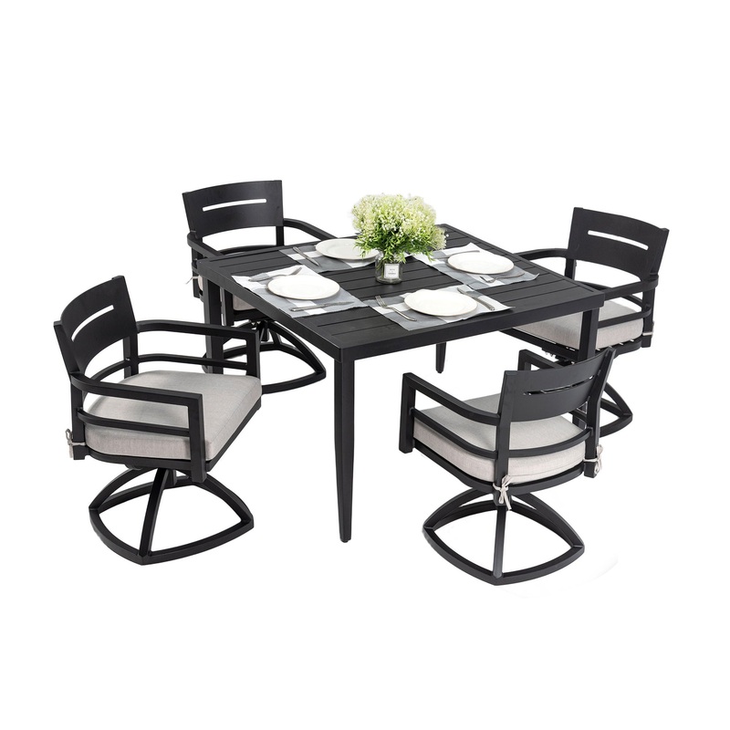 5 Piece Outdoor Patio Furniture, Modern Dining Set, 4 Swivel Chairs Rockers Sunbrella Fabric And Square Dining Table With Umbrella Hole – Ember Black