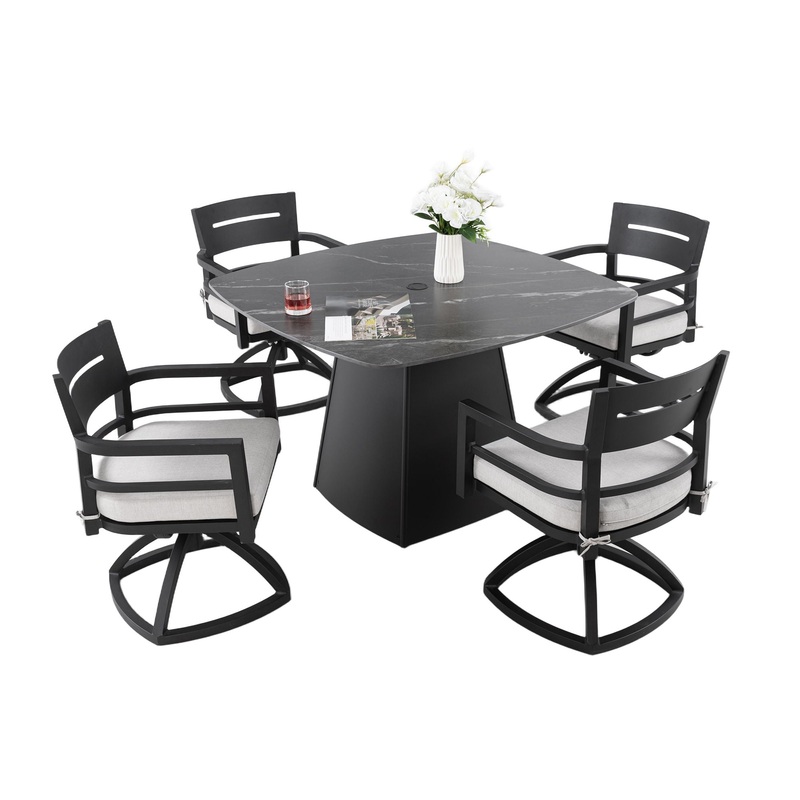 5 Piece Outdoor Pedestal Dining Set, Rounded Square Table With Flared Base And 4 Swivel Rockers – Ember Black