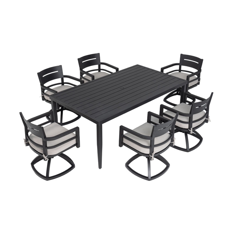 7 Piece Outdoor Patio Furniture, Modern Dining Set, 6 Swivel Chairs Rockers Sunbrella Fabric And Rectangle Dining Table With Umbrella Hole – Ember Black