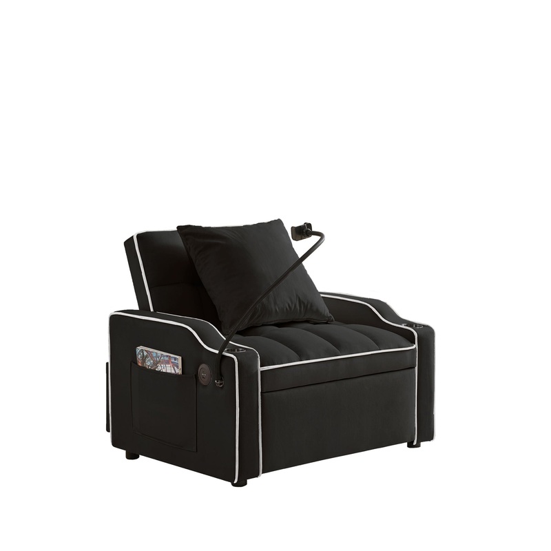 Convertible 3 In 1 Sofa Bed With Adjustable Sleeper Chair And Multi Pockets – Black