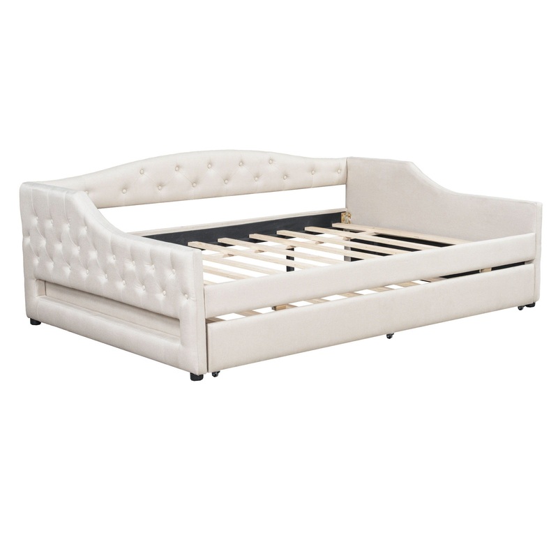 Full Long Size Daybed With LED Belt And Trundle – Beige