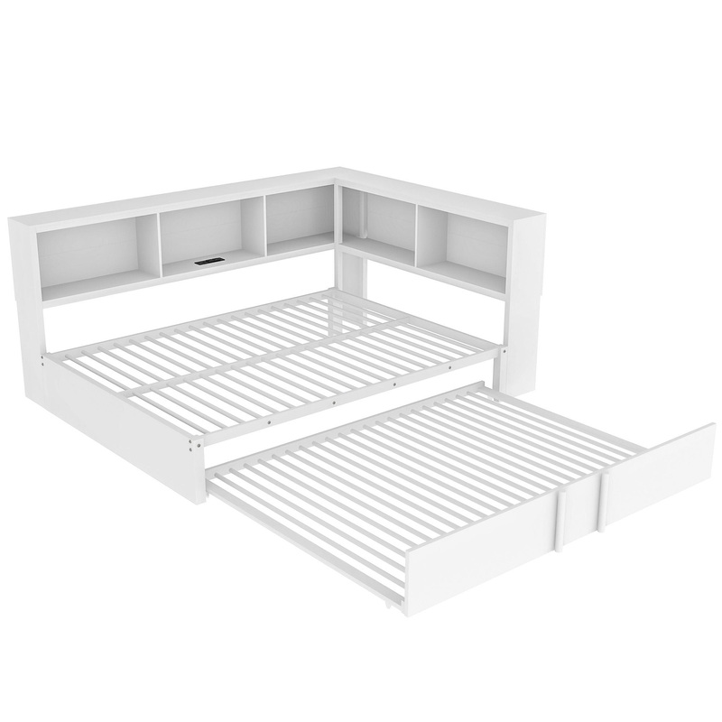 Full Size Daybed With Trundle, Minimalist Storage Cabinets And USB Ports – White