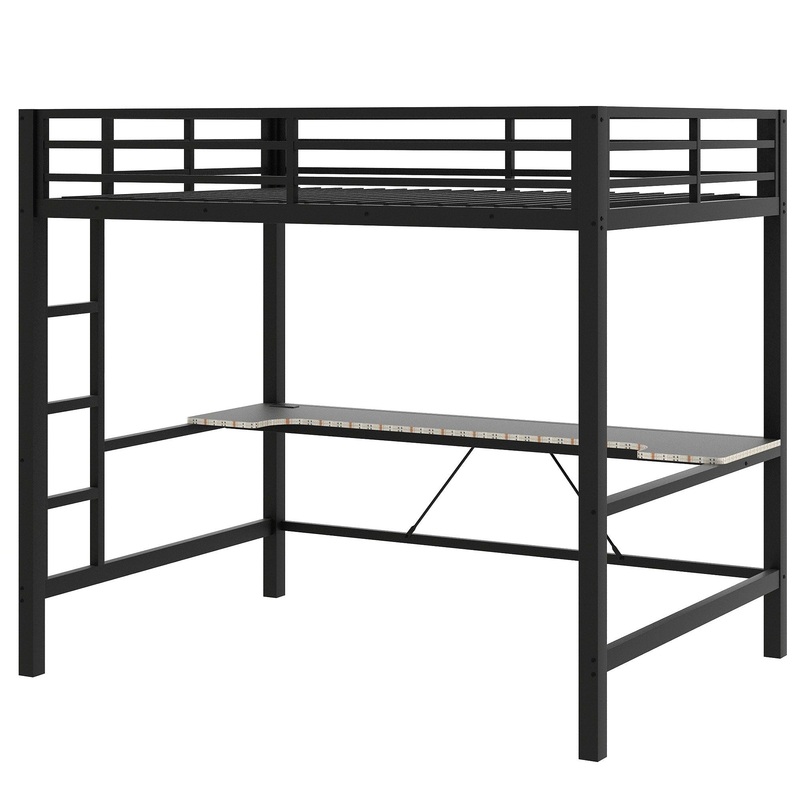 Full Size Gaming Metal Loft Bed Frame With LED Light, USB Charge Station And Desk – Black