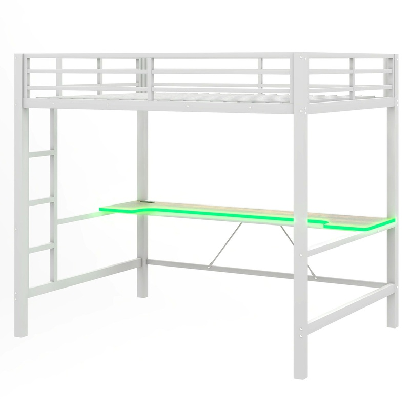 Full Size Gaming Metal Loft Bed Frame With LED Light, USB Charge Station And Desk – White