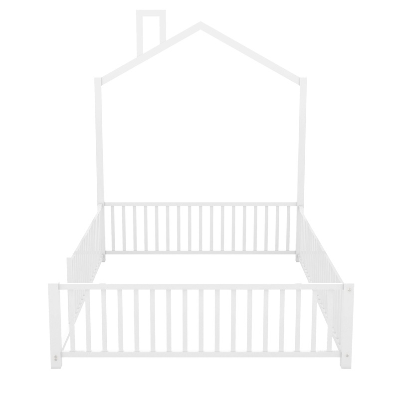 Full Size Metal House Platform Bed With Guardrail And Chimney – White