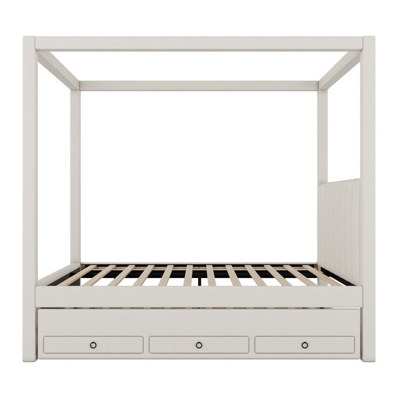 Full Size Upholstery Canopy Platform Bed With Trundle And Three Storage Drawers – Beige