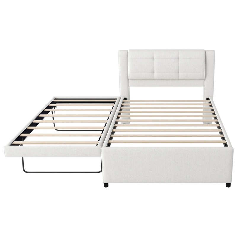Full Size Upholstery Platform Bed With Trundle,Trundle Can Be Flat Or Erected – Beige