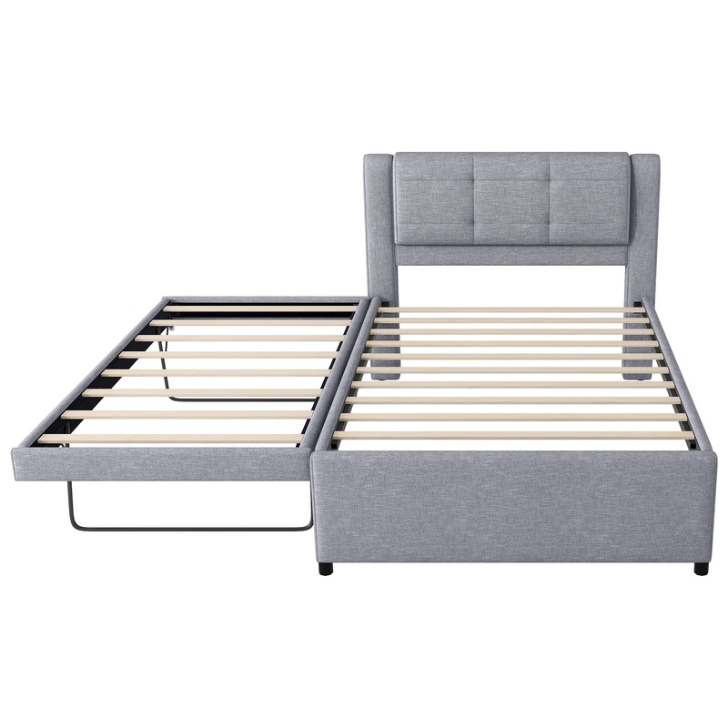 Full Size Upholstery Platform Bed With Trundle,Trundle Can Be Flat Or Erected – Gray