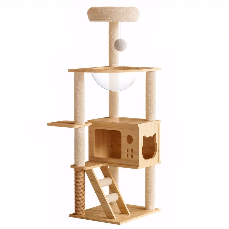 Modern Cat Tower, Wood Cat Tree Tower For Indoor Cats, Cat Tree With Sisal Covered Scratching Posts And Top Perch – Natural / White