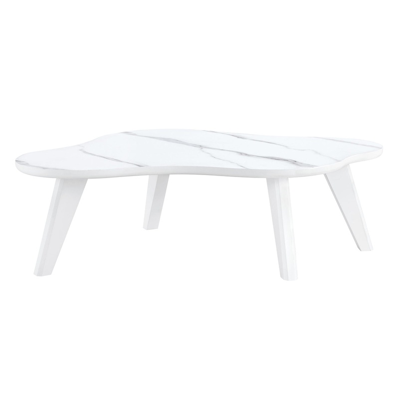 Modern Minimalist Imitation Marble Coffee Table With Solid Wood Legs And Cloud Shape Design – White