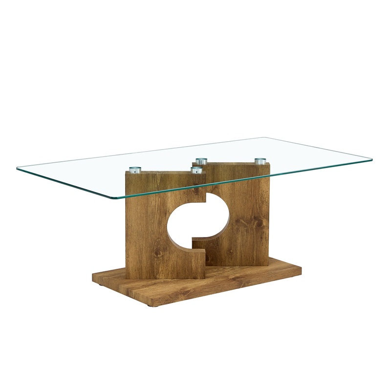 Modern Rectangular Coffee Table With Tempered Glass Top – Natural Wood