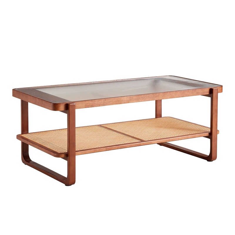 Modern Simple Rectangle Double Layer Solid Wood Glass Desktop Tea Table Rattan Woven Chinese Side Table Small Rectangle Table – Natural Wood