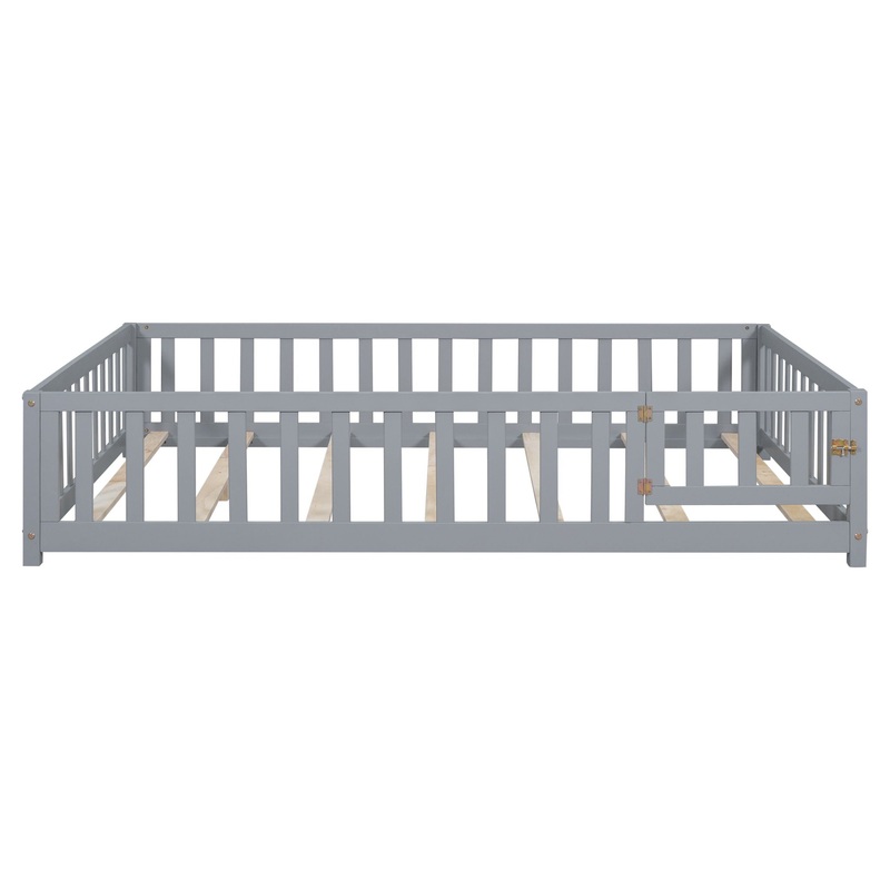 Montessori – Full Size Wooden Floor Platform Bed With Fence And Door, Montessori Floor Bed Frame With Support Slats For Toddlers – Gray