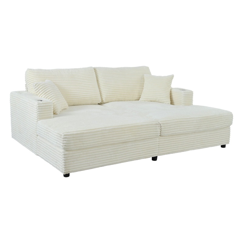 Oversized Loveseat Chaise With 2 USB Ports, 2 Cup Holders And 2 Throw Pillows