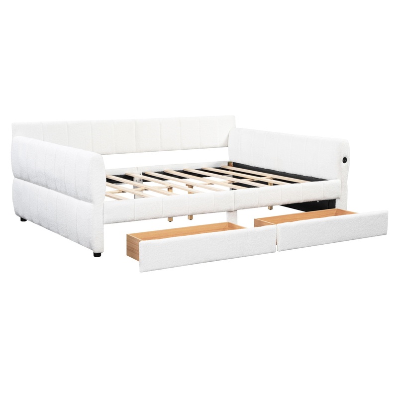 Queen Platform Bed With USB, 2 Drawers – White