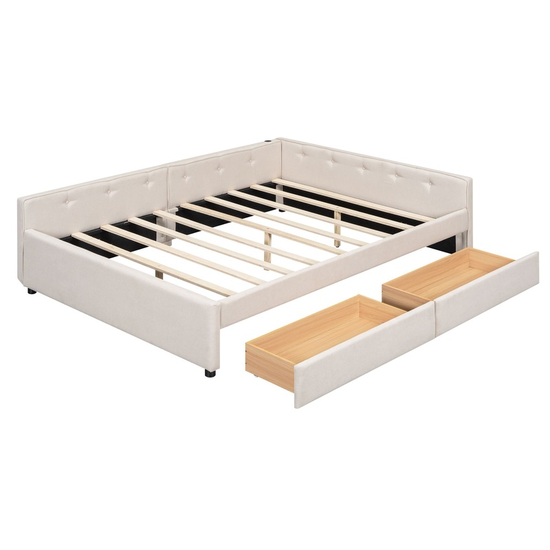 Queen Size Platform Bed With USB Ports And 2 Storage Drawers – Beige