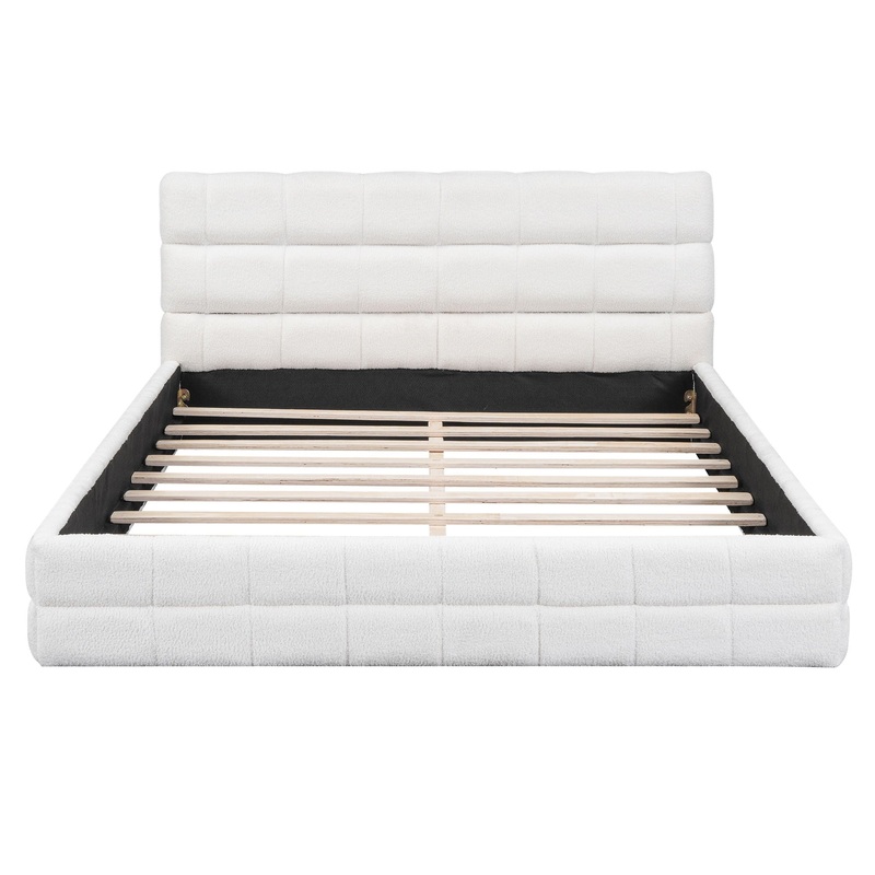 Queen Size Upholstered Platform Bed With Headboard – White
