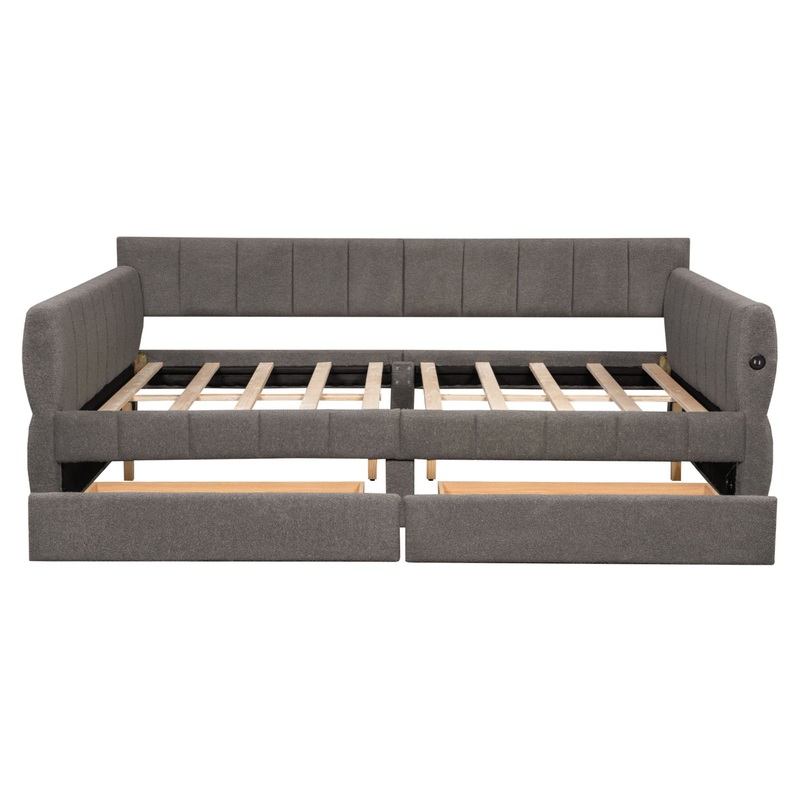 Queen Size Upholstered Platform Bed With USB And 2 Drawers, Lambswool Material – Gray