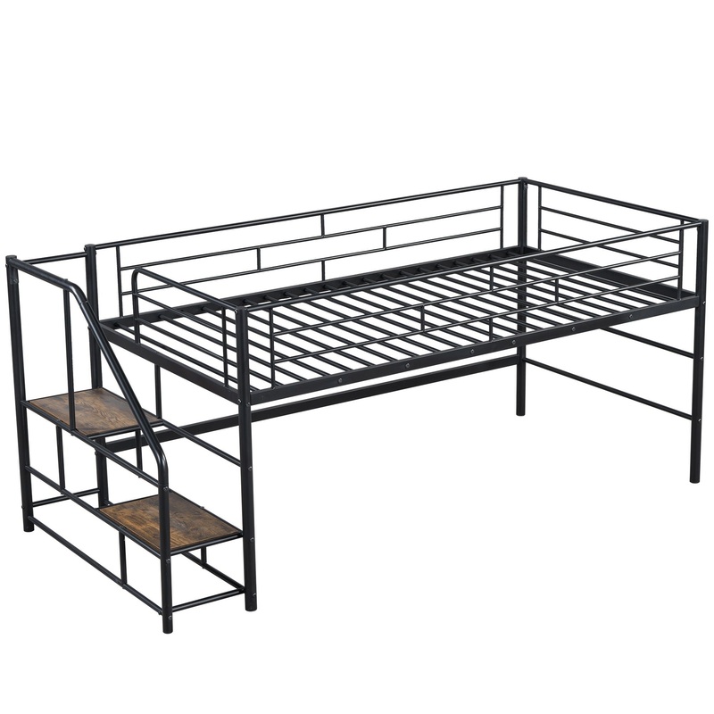 Twin Loft Bed With Storage Stairs And Metal Frame – Black