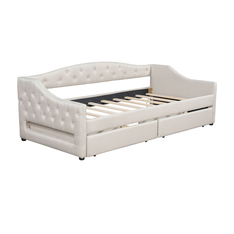 Twin Long Size Daybed With LED Belt And 2 Drawers – Beige