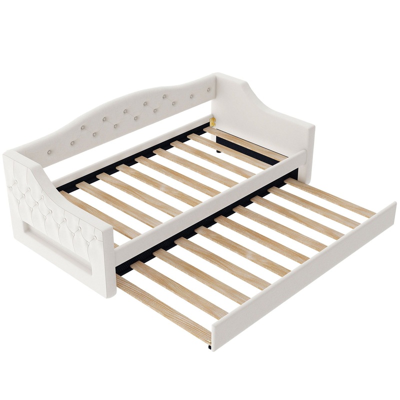 Twin Long Size Daybed With LED Belt, Trundle – Beige