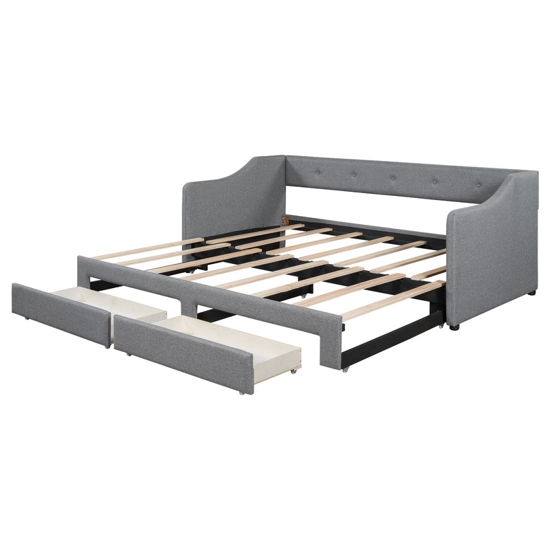 Twin Long To King Size Upholstered Daybed With 2 Drawers, Foam-Padded Sides And Back – Gray
