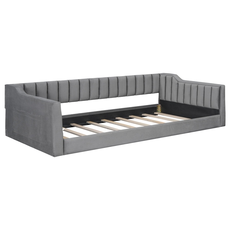 Twin Long Upholstered Daybed With Side Storage Pocket – Gray