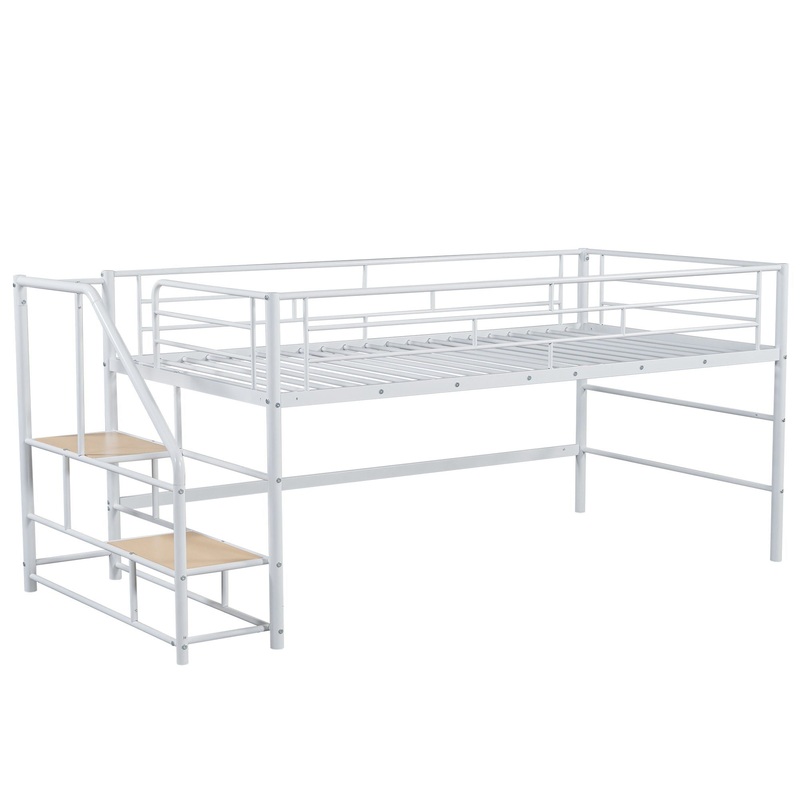 Twin Mid Loft Bed With Storage Stairs And Metal Frame – White