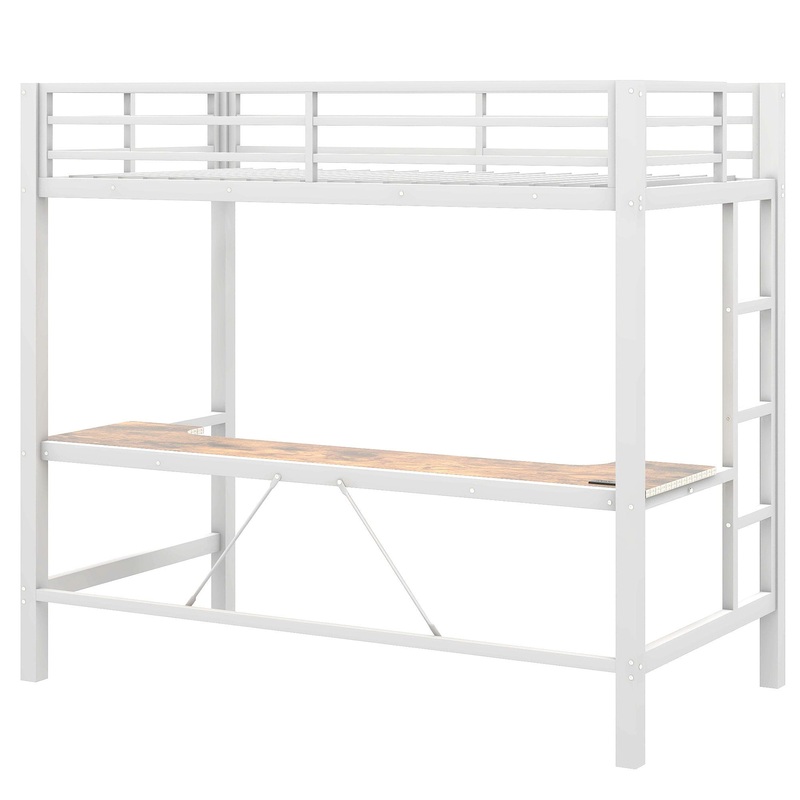 Twin Size Gaming Metal Loft Bed Frame With LED Light, USB Charge Station And Desk – White