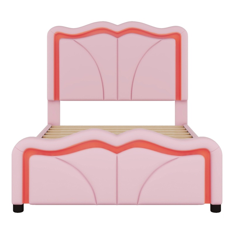 Twin Size Upholstered Platform Bed & Curve Shaped And Height Adjustable Headboard, LED Light Strips – Pink