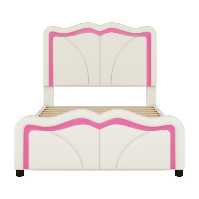 Twin Size Upholstered Platform Bed With Curved Adjustable Headboard And LED Lights – White
