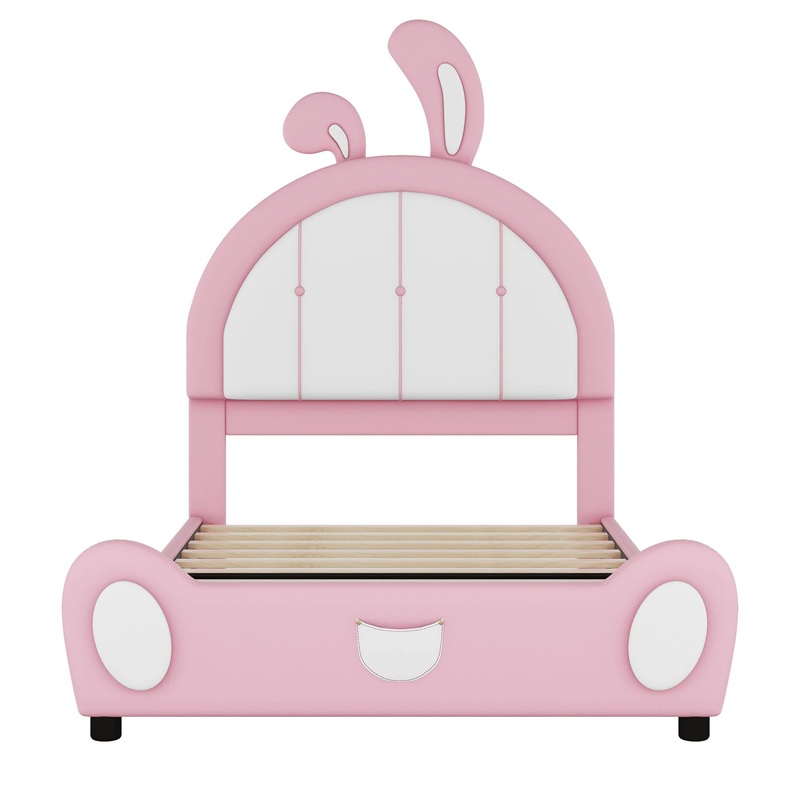 Twin Size Upholstered Platform Bed With Rabbit Shaped Headboard – Pink / White