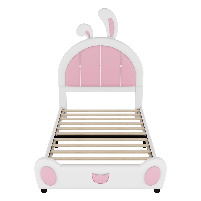 Twin Size Upholstered Platform Bed With Rabbit Shaped Headboard – White / Pink