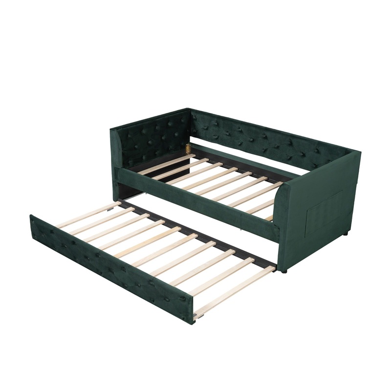 Twin Size Upholstered Tufted Daybed With Trundle – Green