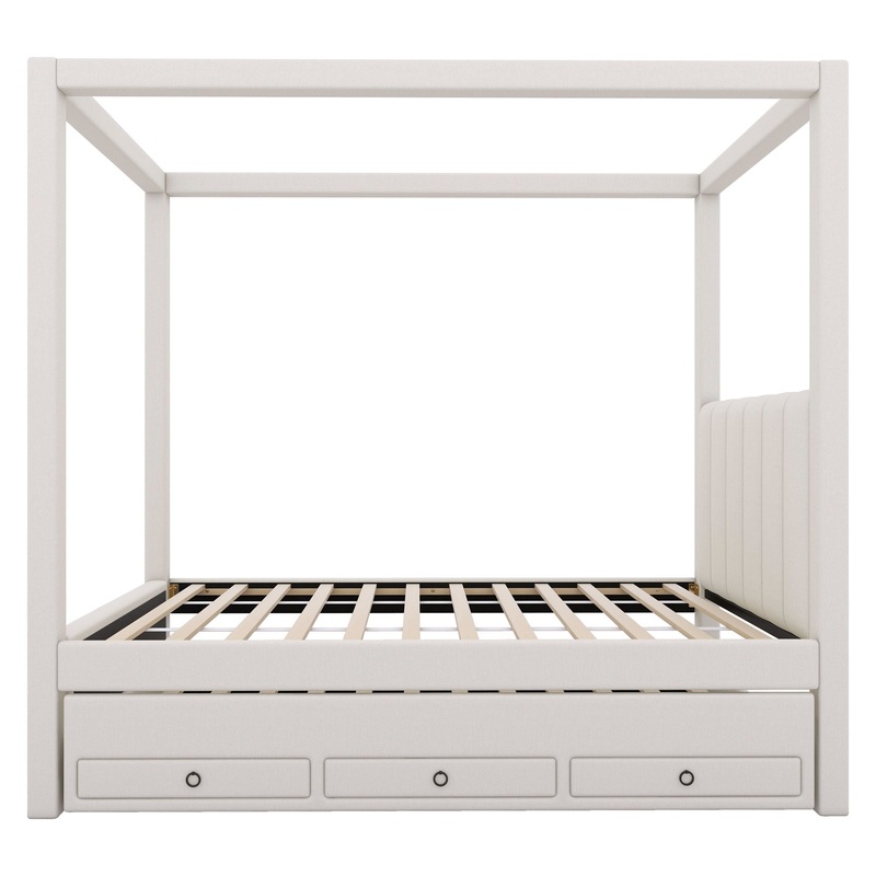 Twin Size Upholstery Canopy Platform Bed With Trundle And Three Storage Drawers – Beige