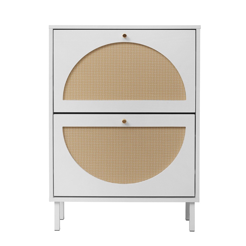 2 Door Shoe Rack, Rattan, Double Layer, Suitable For Living Room, Hallway – White