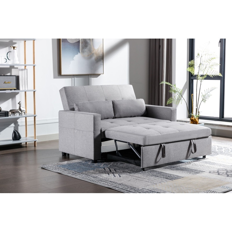 2 Seaters Slepper Sofa Bed Linen Fabric 3-In-1 Convertible Sleeper Loveseat With Side Pocket