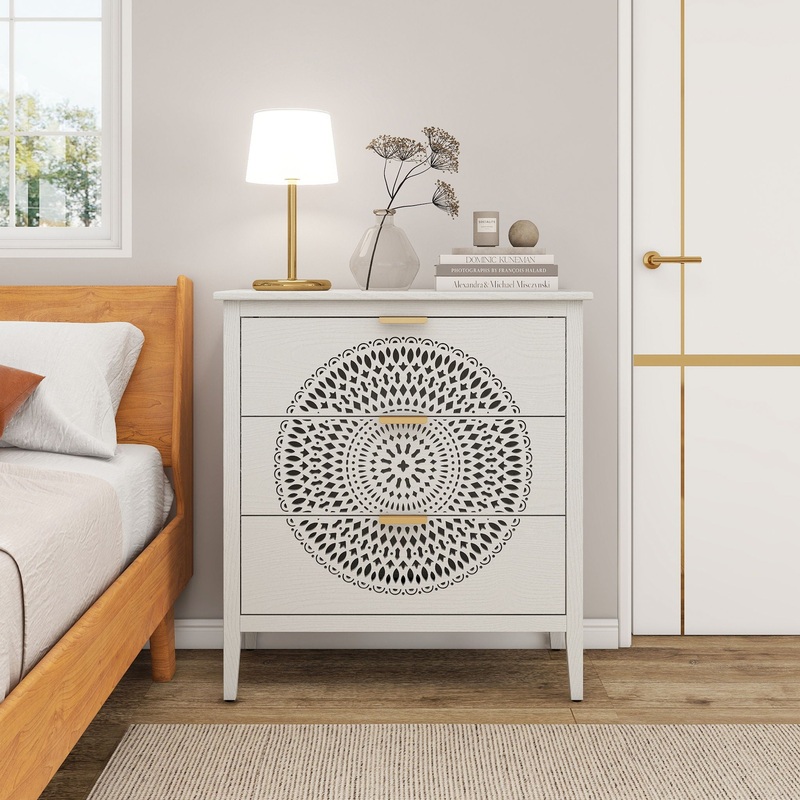 3 Drawer Cabinet With Hollow Carved 3 Drawer Dresser Storage Chest With Metal Handles For Entryway Living Room Bedroom – Beige