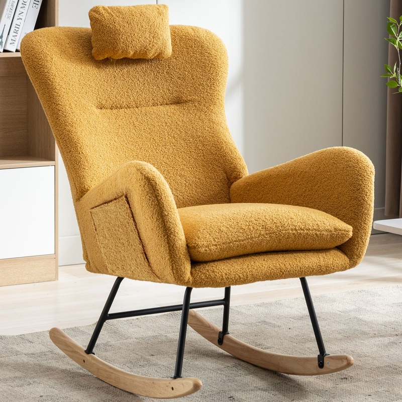 35.5 Rocking Chair With Pocket, Soft Teddy Fabric Rocking Chair For Nursery, Comfy Wingback Glider Rocker With Safe Solid Wood Base For Living Room Bedroom Balcony – Turmeric