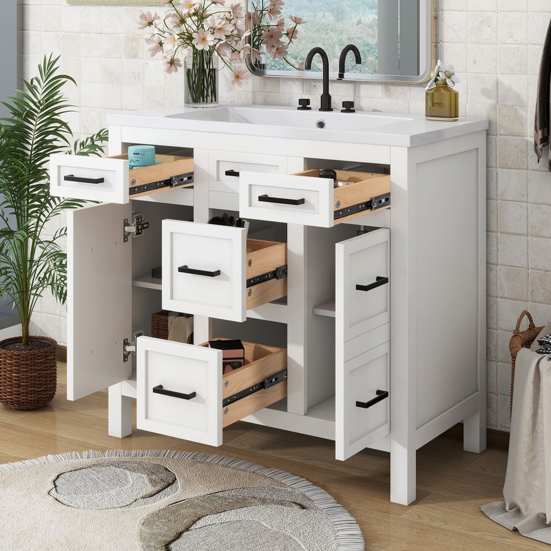 Bathroom Vanity Cabinet With Resin Integrated Sink 4 Drawers, 2 Doors – White