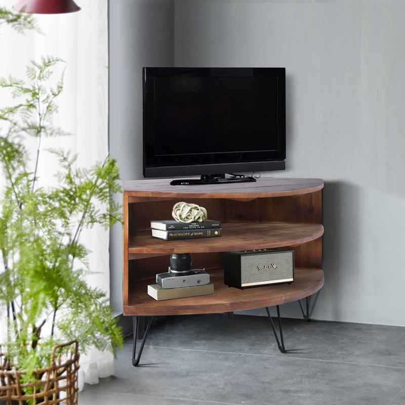 Fan Shape Reclaimed Wood Corner Media Table For Living Room Wise Use Your Space – Natural