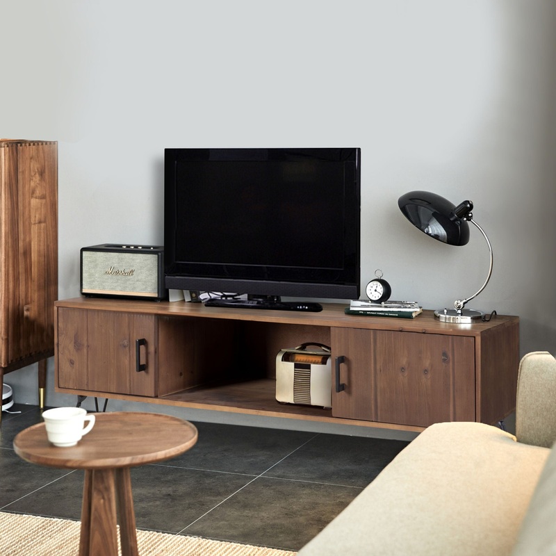 Industrial Style Reclaimed Wood Media TV Stand With Storage Cabinet For Living Media Room – Natural