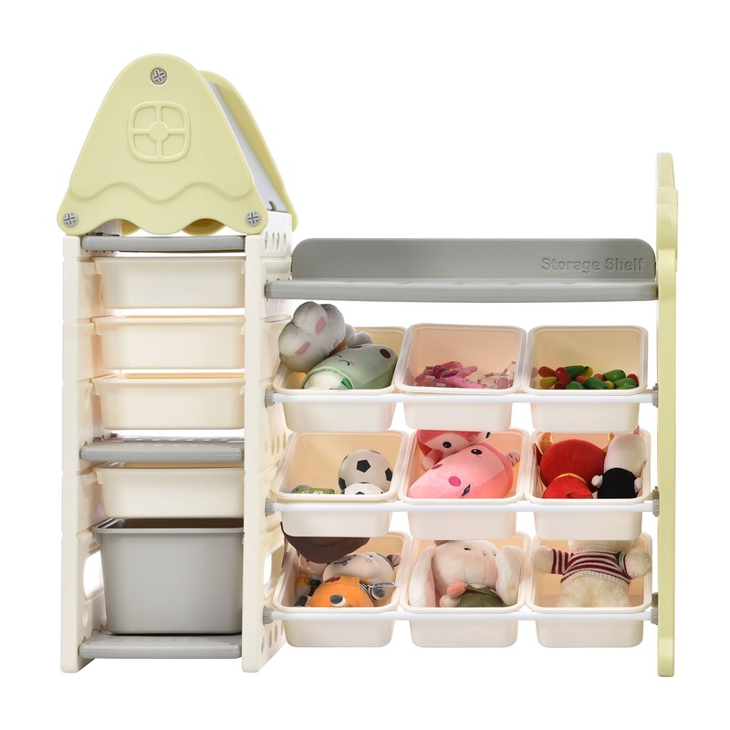 Kids Toy Storage Organizer With 14 Bins, Multi-Functional Nursery Organizer Kids Furniture Set Toy Storage Cabinet Unit With HDPE Shelf And Bins For Playroom, Bedroom, Living Room – Light Green