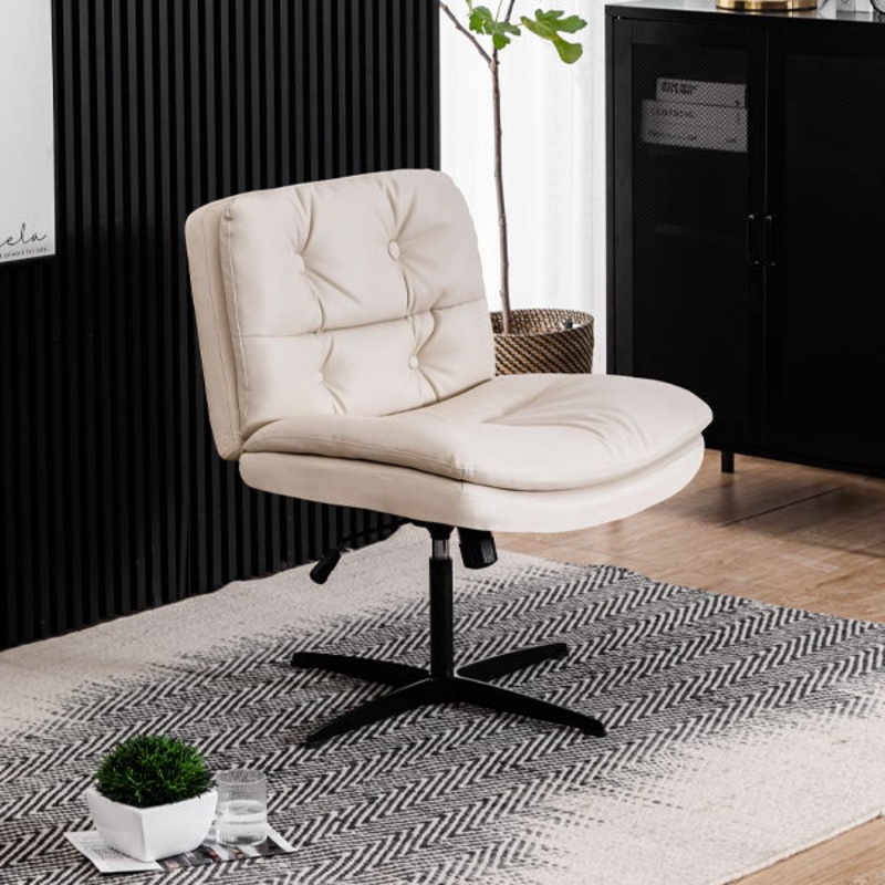 Large Size Armless Home Office Desk Chair Vanity Chair No Wheels – Beige