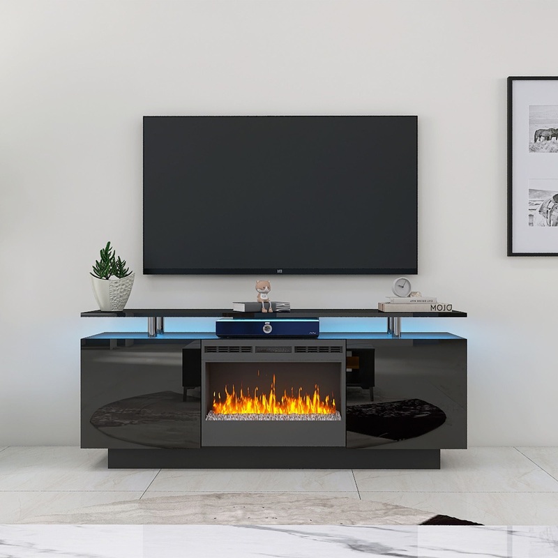 Large TV Cabinet With Fireplace Can Heating Change Color 9 Models 8 Levels Have LED Light – Black